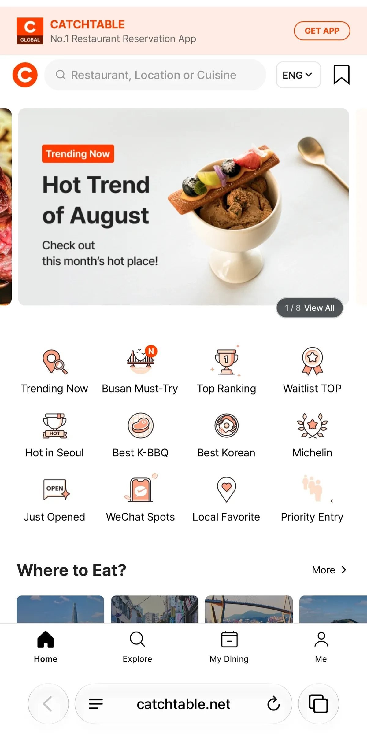 CatchTable Global English app interface for foreign tourists booking restaurants in Korea