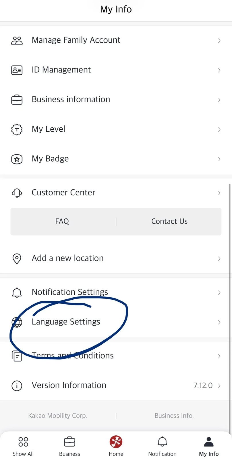 Language Settings menu inside the Kakao T app