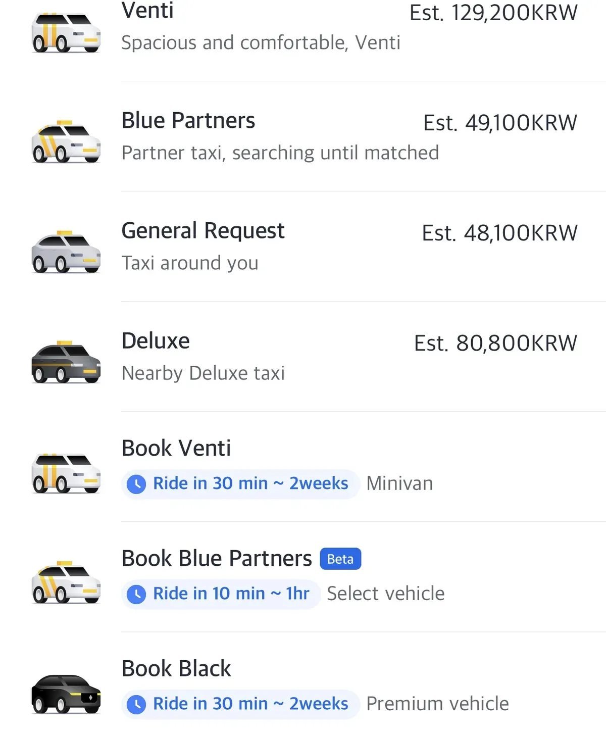 Taxi types and estimated fares compared in Kakao T English