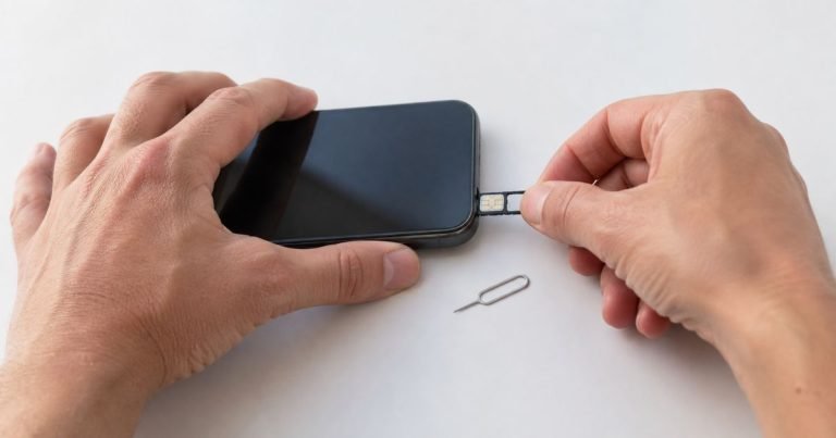 Hands removing a nano SIM card tray from a smartphone on a white desk