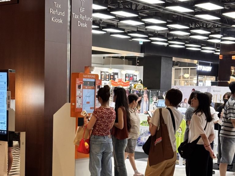 Tax refund kiosk and Global Tax Free desk inside a shopping center in South Korea