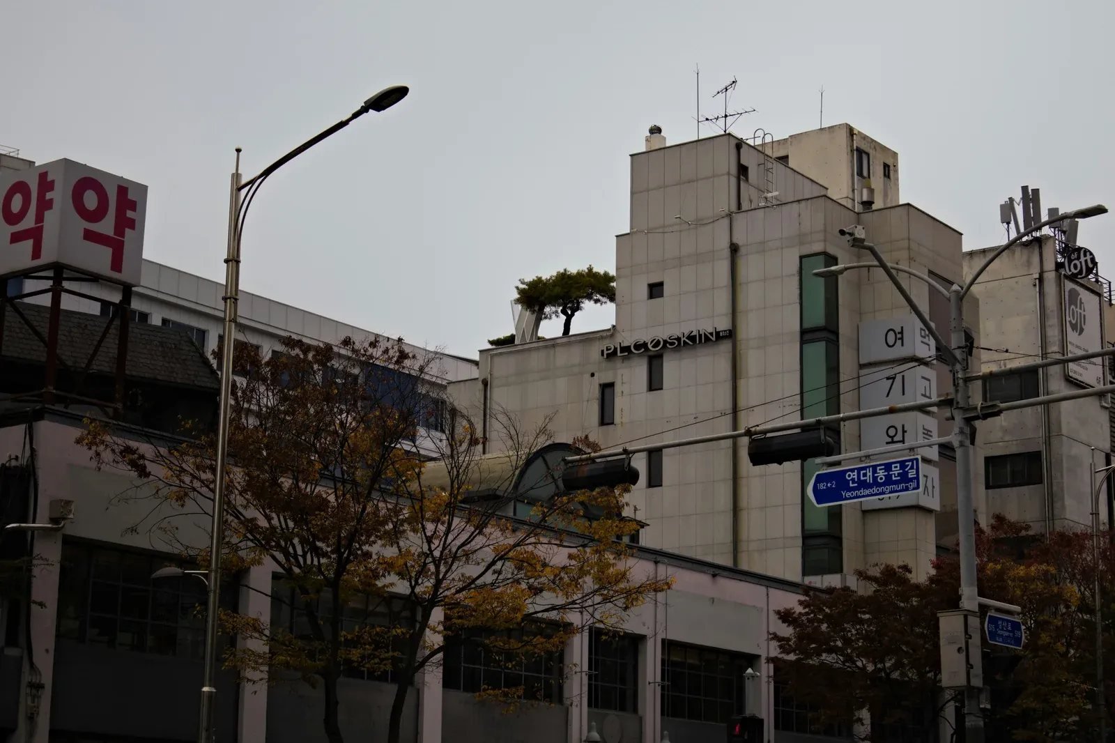 Red Yak pharmacy sign on a building in a Seoul street neighborhood