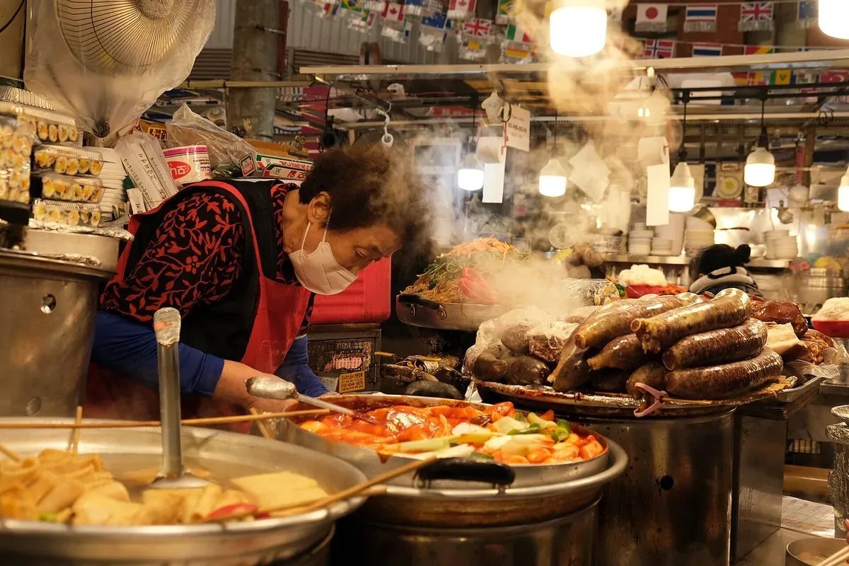Korean traditional market street food stall where cash may be preferred