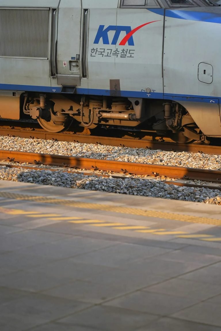KTX high-speed train traveling on railway tracks in South Korea