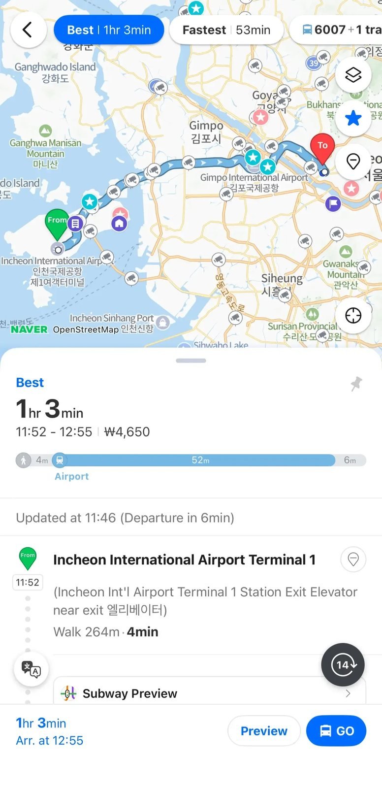 Detailed subway route preview and live navigation map in Naver Map English