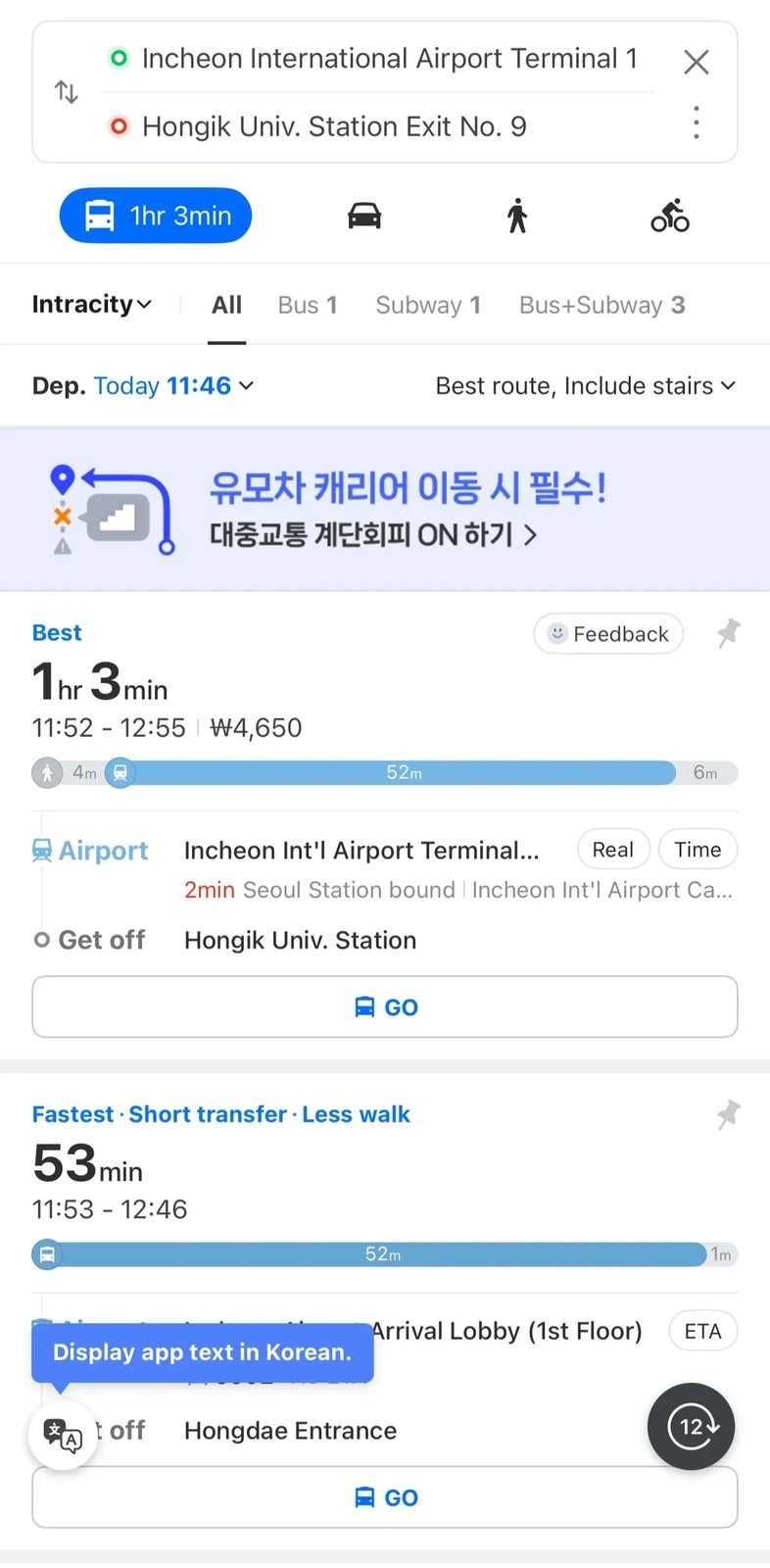Transit route comparison list showing subway and bus options in Naver Map English