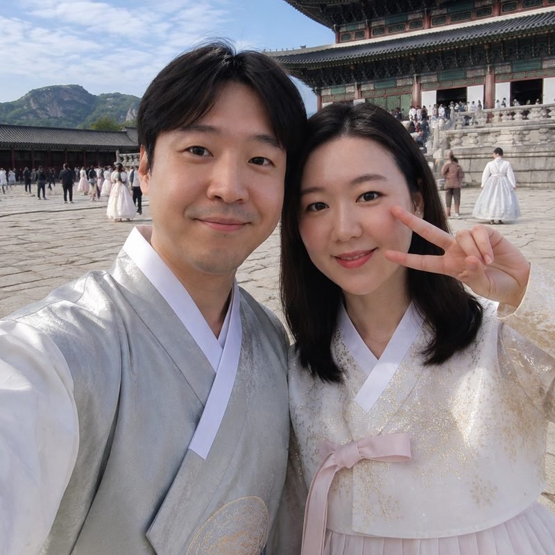 The Oomphyedit Team wearing hanbok at Gyeongbokgung Palace