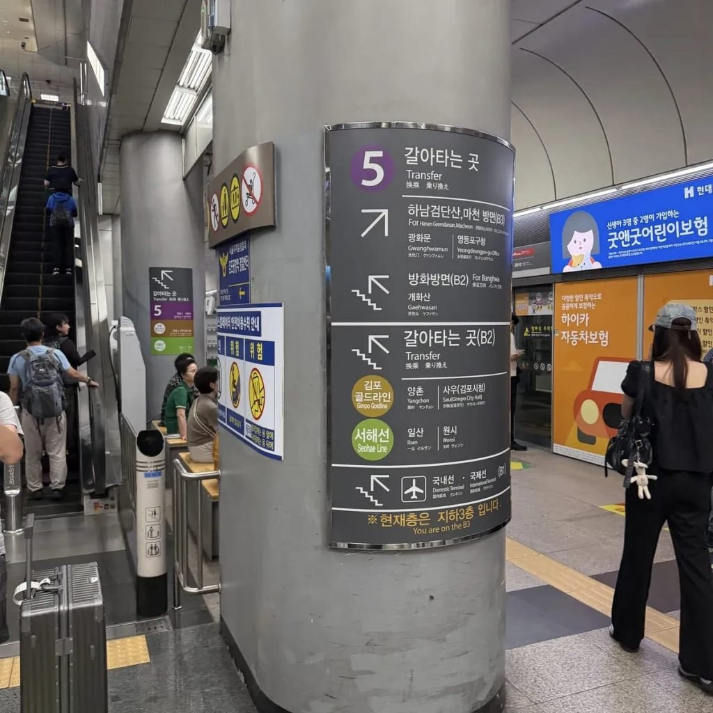 Multilingual subway pillar sign showing transfer directions and platform levels in Seoul