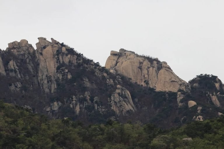 Bukhansan granite peaks above forest in spring