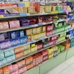 Daiso Korea personal-care shelves with skincare and beauty products.
