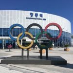 Gangneung Station exterior with an Olympic rings sculpture in front.