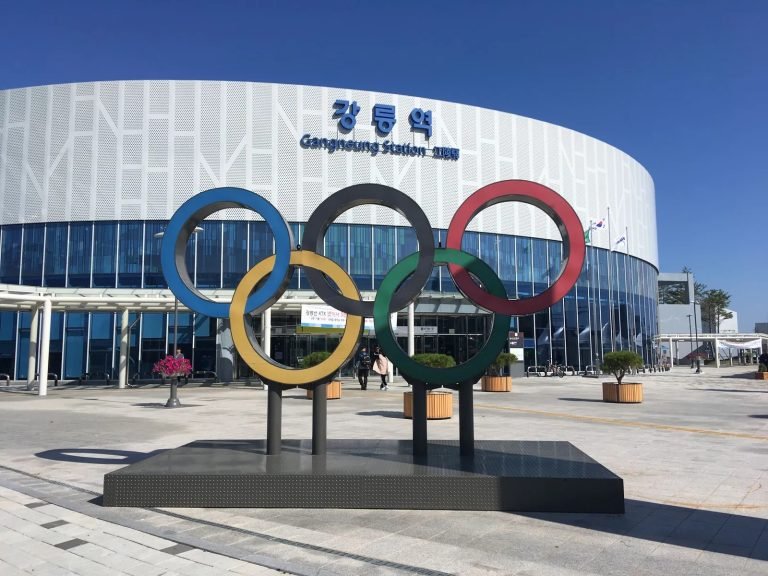 Gangneung Station exterior with an Olympic rings sculpture in front.