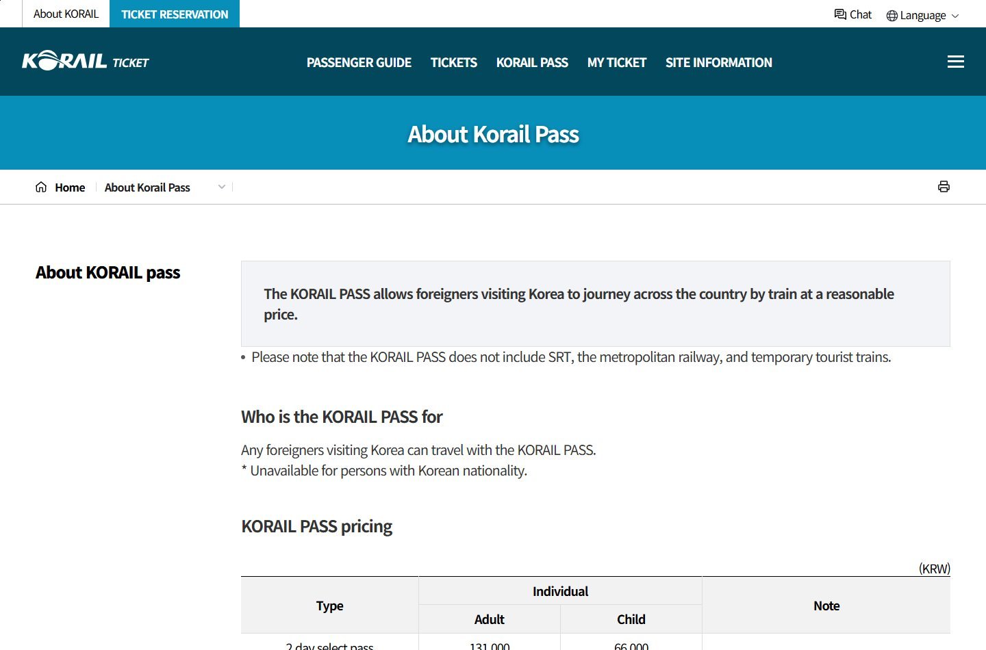 Official KORAIL English Korail Pass information page