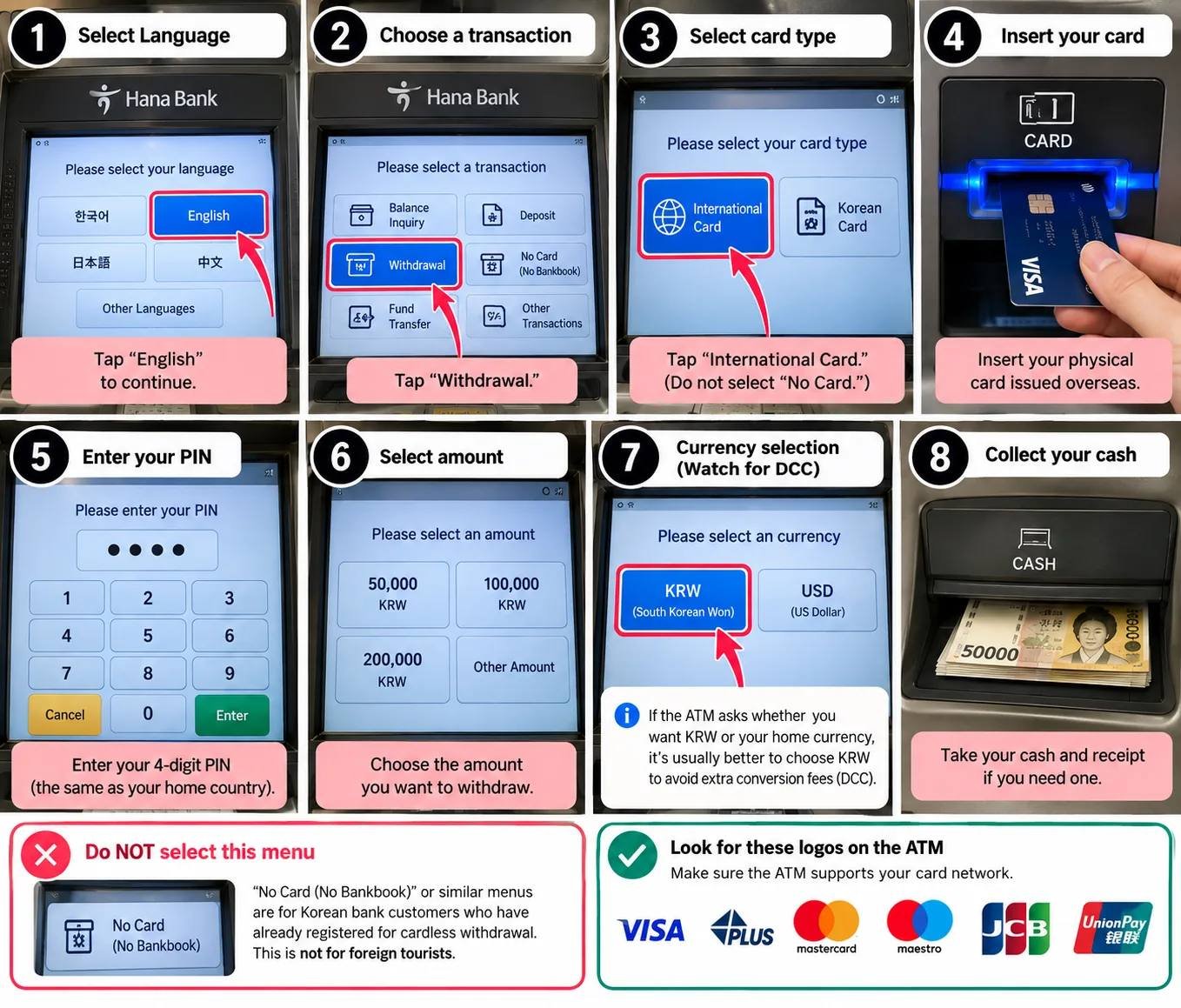 Steps for using an international card at a Korean ATM