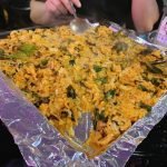 Korean fried rice served in a large foil-lined pan