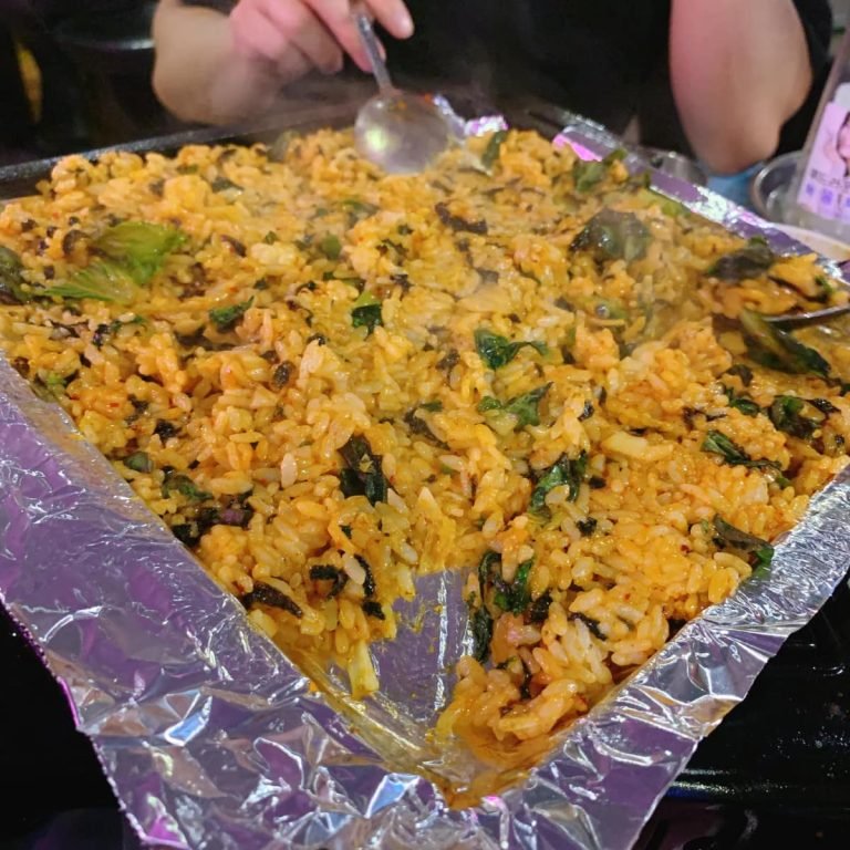 Korean fried rice served in a large foil-lined pan