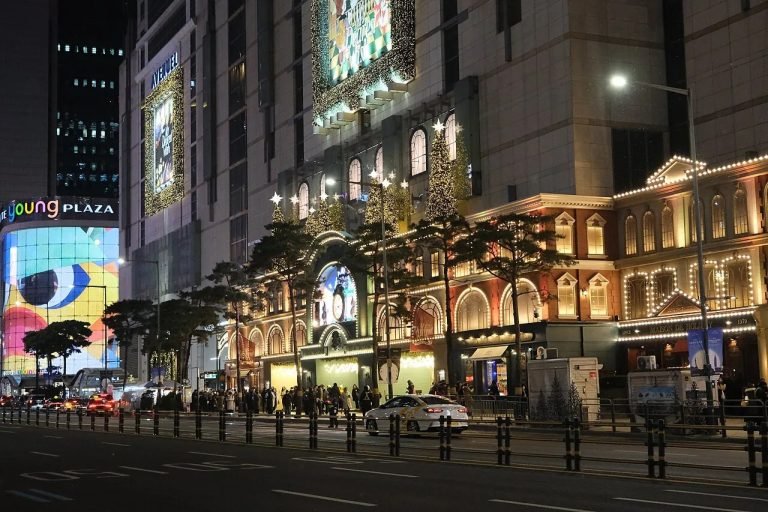 Night view of the Lotte duty-free department store in Myeongdong, Seoul.