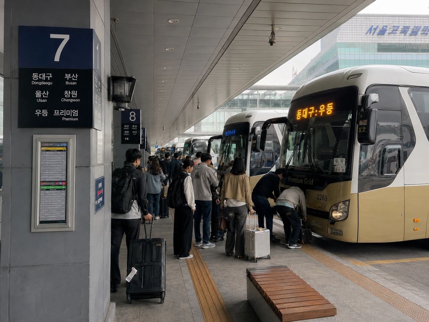 Travelers with luggage boarding an express bus at Seoul Express Bus Terminal
