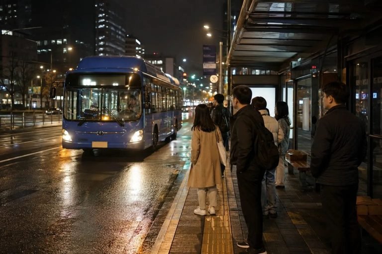 A blue city bus approaches a covered bus stop on a wet Seoul street at night while several adult passengers wait under streetlights.