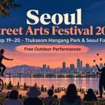Illustrated evening scene promoting Seoul Street Arts Festival 2026 at Ttukseom Hangang Park and Seoul Forest.