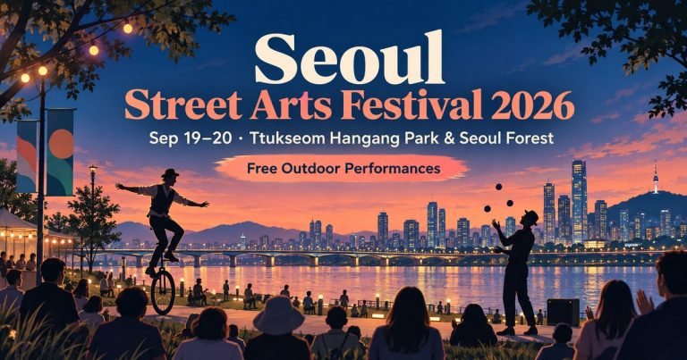 Illustrated evening scene promoting Seoul Street Arts Festival 2026 at Ttukseom Hangang Park and Seoul Forest.