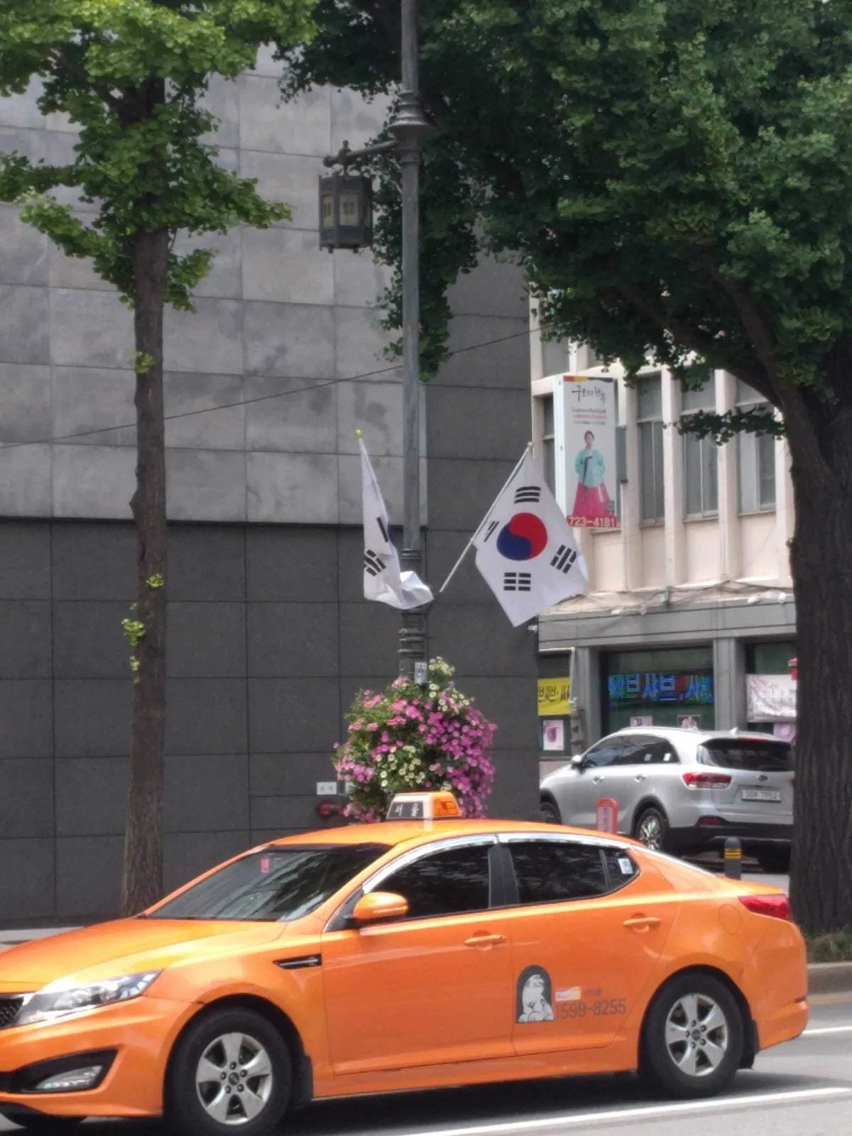 Orange licensed taxi driving past Korean flags on a tree-lined street in downtown Seoul.