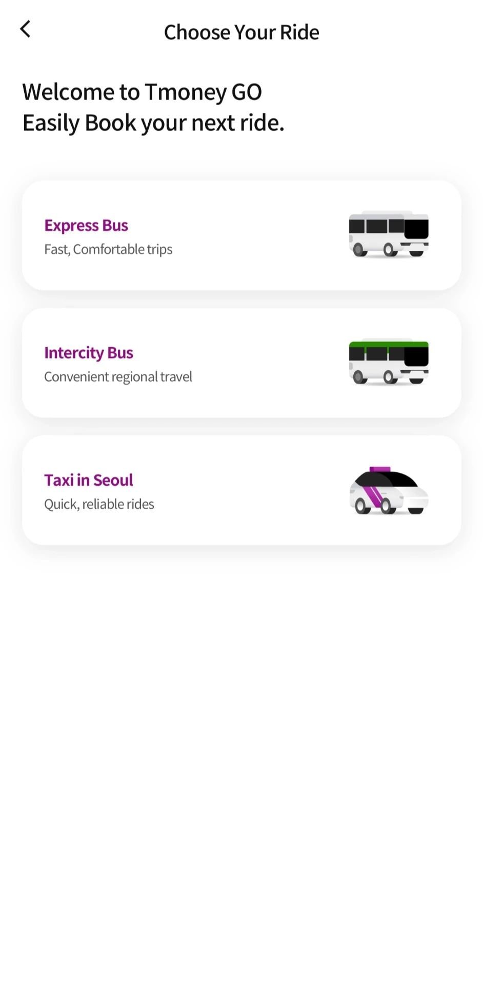 TmoneyGO app screen showing Express Bus and Intercity Bus booking options in Korea