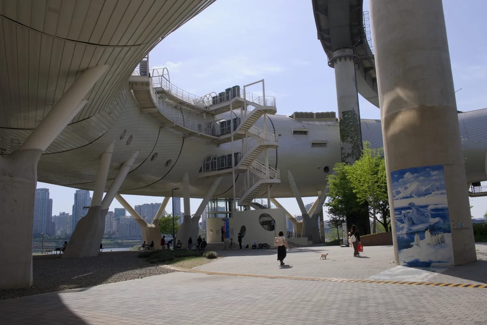 J-Bug cultural space beneath Cheongdam Bridge at Ttukseom Hangang Park in Seoul.
